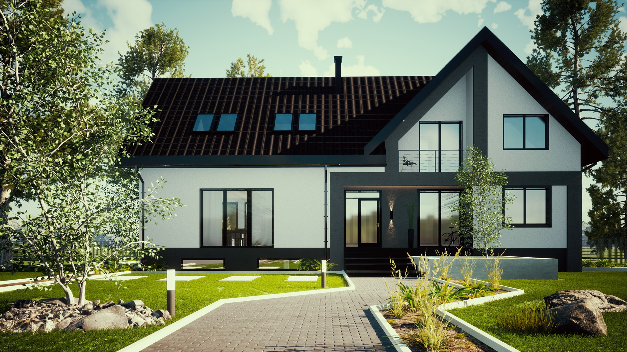 Wizualizacja nowoczesnego domu jednorodzinnego z ciemnym dachem i jasną elewacją, otoczonego zielonym trawnikiem i drzewami, z oświetlonym chodnikiem prowadzącym do wejścia.