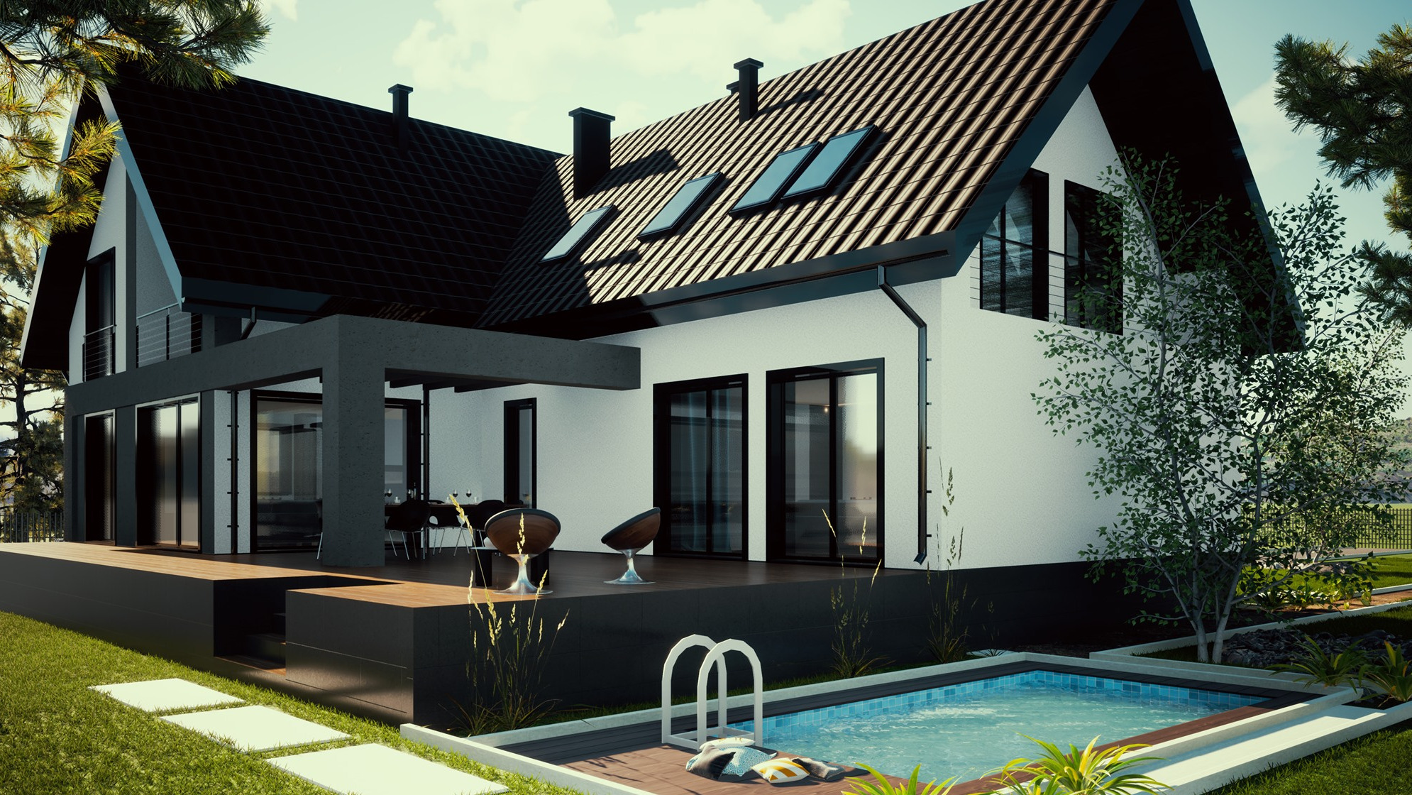 Wizualizacja domu jednorodzinnego z czarnym dachem, białymi ścianami i basenem w ogrodzie; widoczny taras z meblami ogrodowymi i schody prowadzące do basenu.