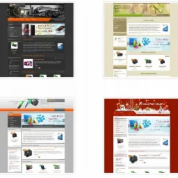 Cztery różne szablony graficzne sklepu internetowego z nagłówkiem 'NAGŁÓWEK SKLEPU', prezentujące różną kolorystykę i układ elementów, z ofertą promocyjną 'Tylko teraz niższe ceny na cały...