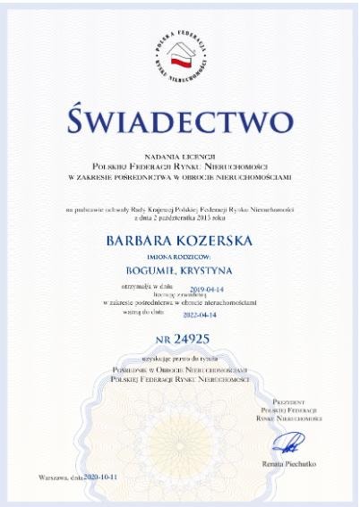 Licencja pośrednika nieruchomości nadana przez Polską Federację Rynku Nieruchomości.
