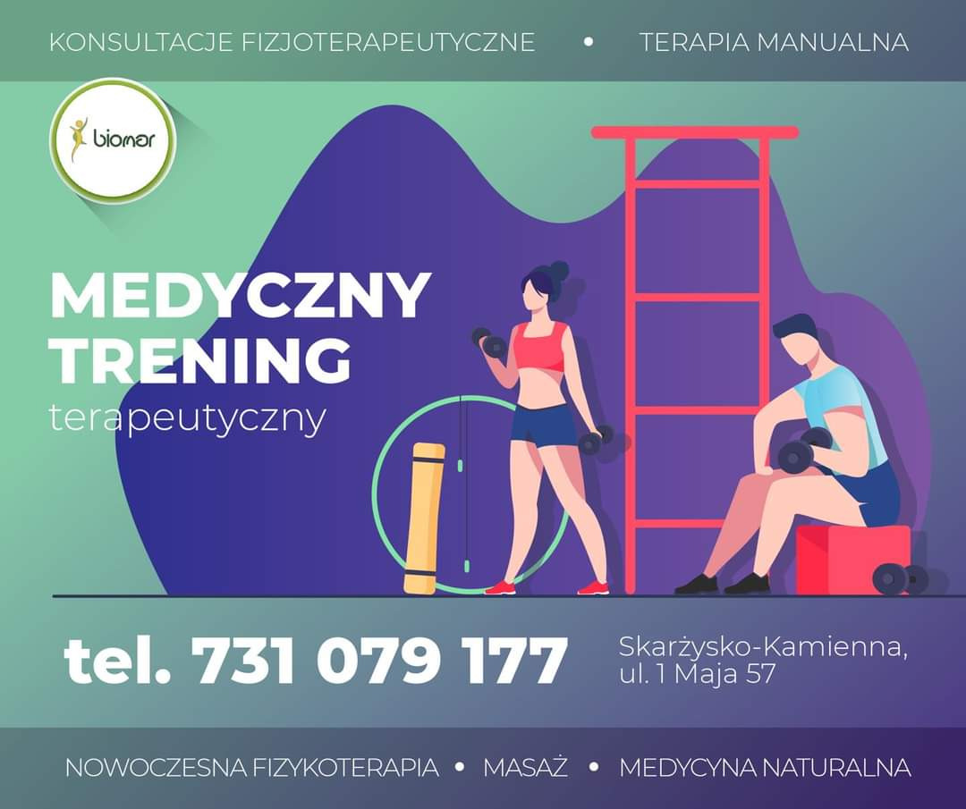 Ilustracja graficzna przedstawiająca kobietę i mężczyznę ćwiczących z hantlami, drabinkę gimnastyczną, matę do ćwiczeń, logo firmy Biomar, tekst 'Medyczny trening terapeutyczny', numer telefonu...