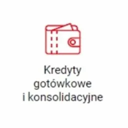 Ikona czerwonego portfela z wystającymi banknotami, umieszczona nad tekstem 'Kredyty gotówkowe i konsolidacyjne'.
