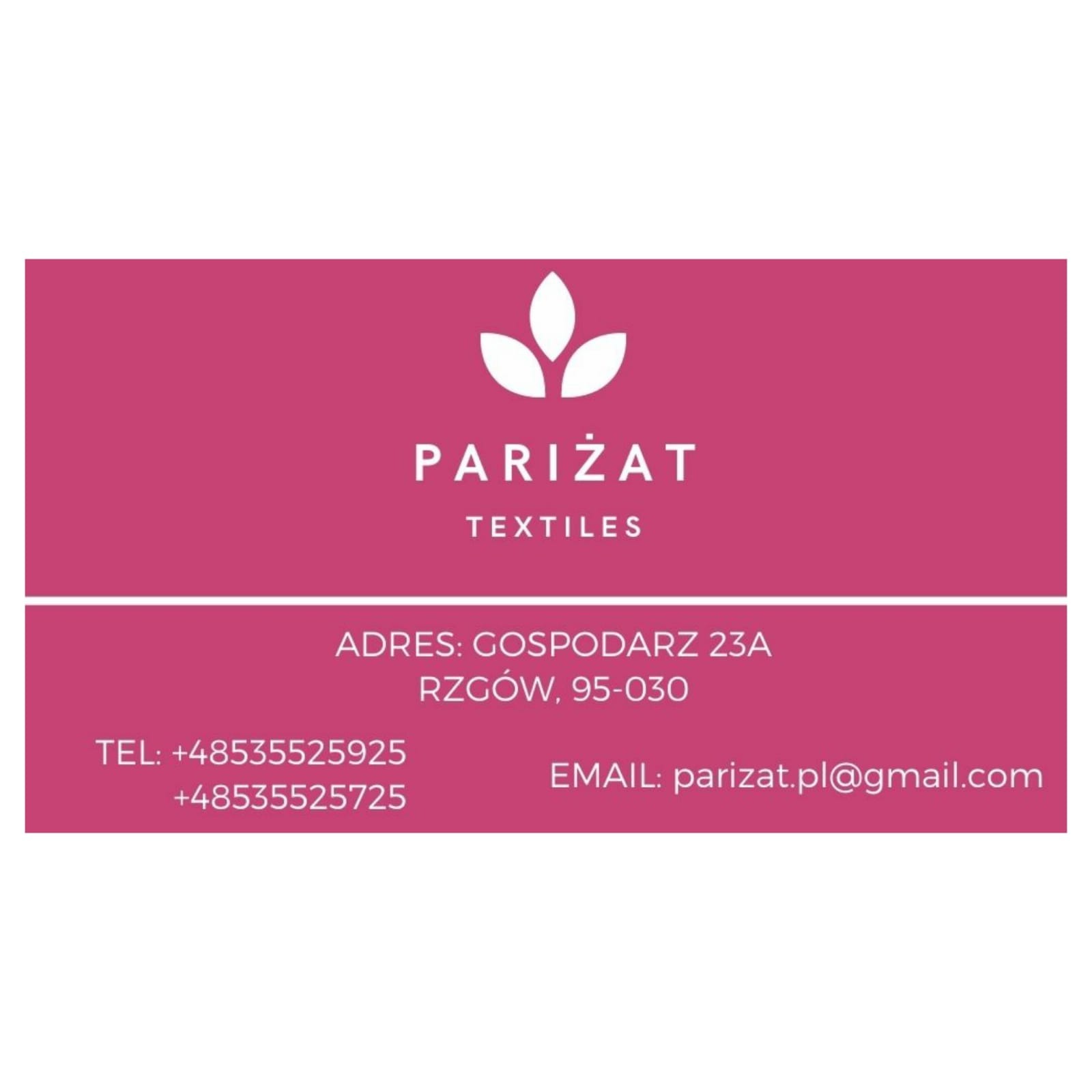 Wizytówka firmy Pariżat Textiles w kolorze różowym, z adresem, numerami telefonów i adresem e-mail.