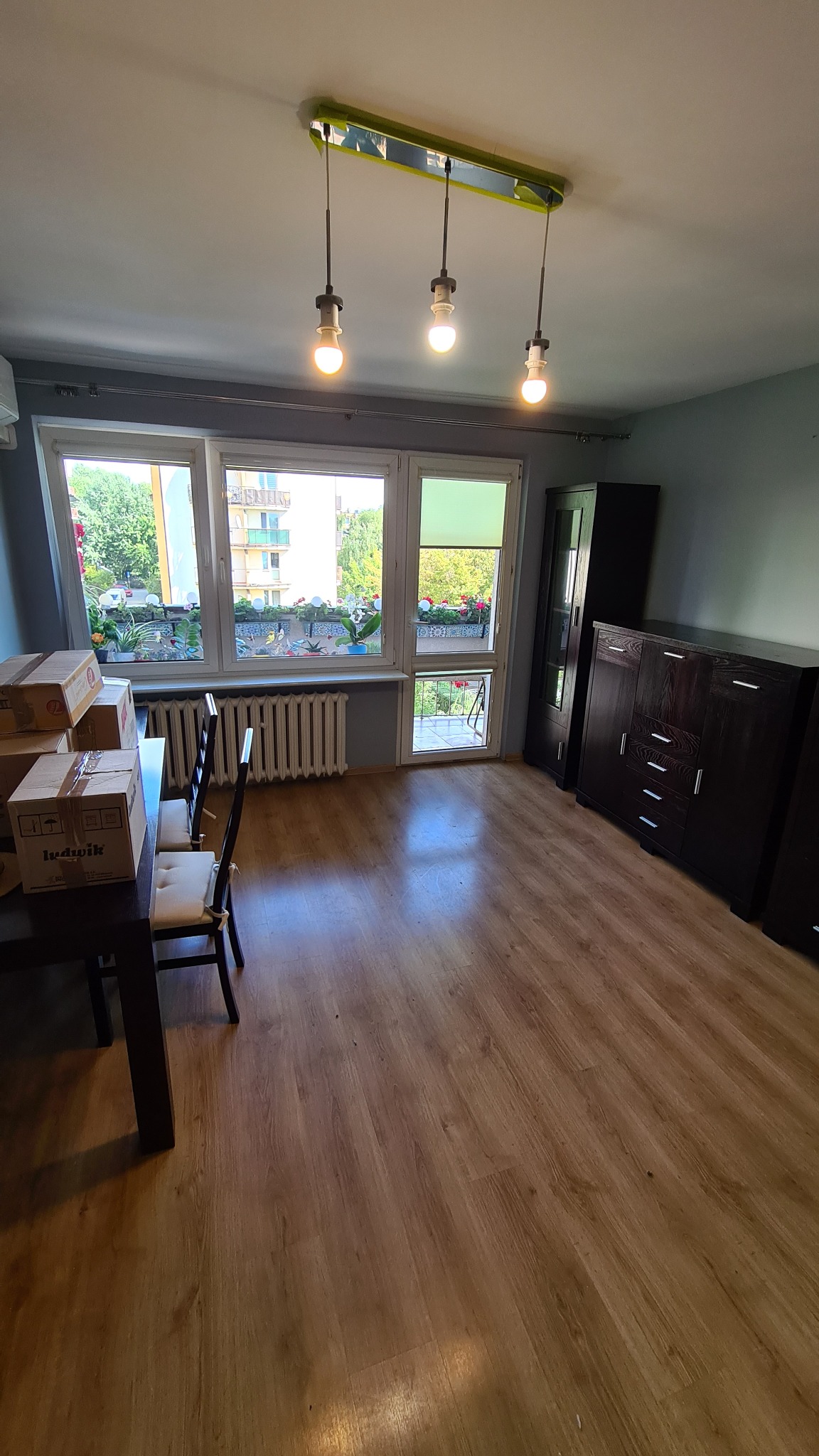 Pokój z drewnianą podłogą, ciemnymi meblami i oknami z widokiem na zieleń, częściowo zasłonięty kartonami, oświetlony wiszącymi lampami.