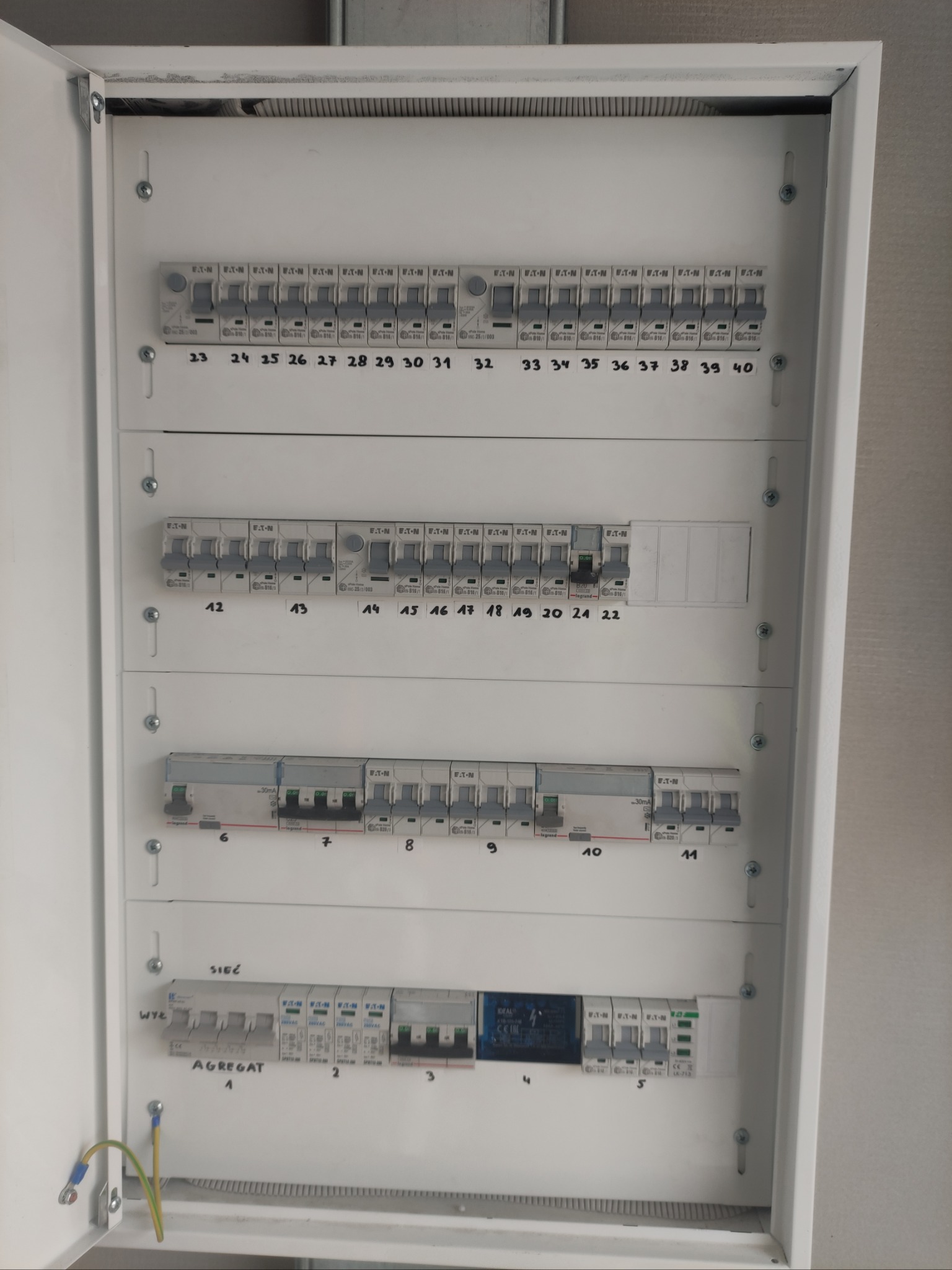 Otwarta, biała skrzynka elektryczna z czterema rzędami bezpieczników i wyłączników, ponumerowanych od 1 do 40, z przewodami uziemiającymi widocznymi w dolnym lewym rogu.