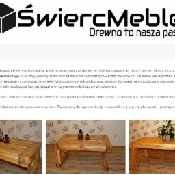 Zdjęcie strony internetowej firmy ŚwiercMeble prezentującej ofertę mebli z drewna litego, w tym stołów, komód i łóżek, z hasłem 'Drewno to nasza pasja' u góry.