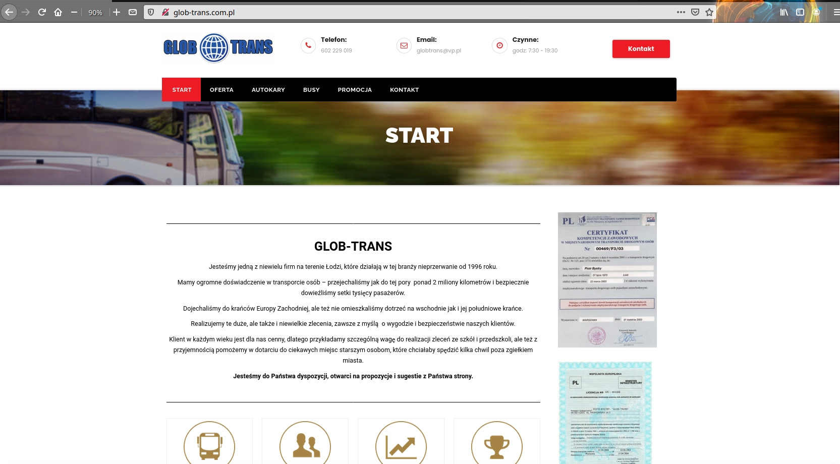 Zrzut ekranu strony internetowej firmy transportowej Glob-Trans z widocznym autobusem, danymi kontaktowymi, certyfikatem kompetencji zawodowych i licencją.
