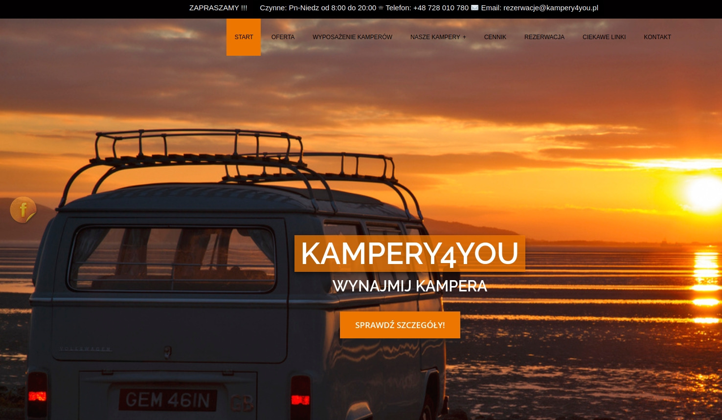 Strona internetowa firmy Kampery4you z widokiem na kampera Volkswagen T2 na tle zachodzącego słońca nad morzem.