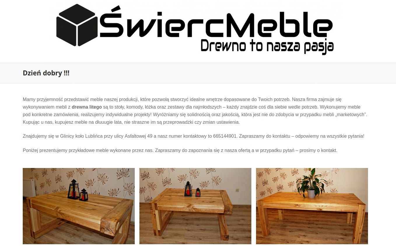 Zdjęcie strony internetowej firmy ŚwiercMeble prezentującej ofertę mebli z drewna litego, w tym stołów, komód i łóżek, z hasłem 'Drewno to nasza pasja' u góry.