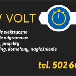 Grafika reklamowa firmy MW VOLT oferującej usługi elektryczne 24/7, z numerem telefonu i listą świadczeń: instalacje elektryczne, odgromowe, pomiary, projekty, monitoring, domofony, nagłośnienie.