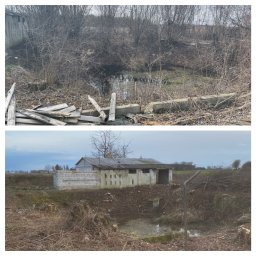 Pożeracz zarośli - Dwie fotografie przedstawiające teren przed i po wycince krzewów i drzew. Na pierwszym zdjęciu zarośnięty teren z widocznymi stertami drewna i betonowych elementów. Na drugim zdjęciu widoczny...