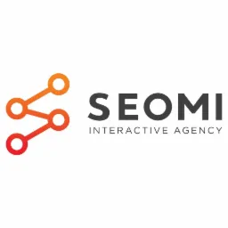 Logo firmy SEOMI Interactive Agency z pomarańczowo-czerwonym symbolem graficznym przypominającym sieć po lewej stronie.