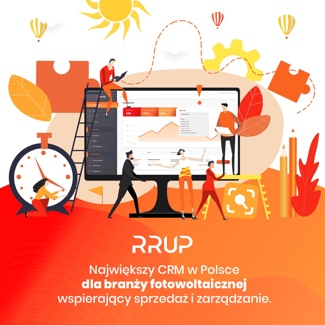 Ilustracja wektorowa przedstawiająca zespół ludzi pracujących z platformą CRM, z elementami graficznymi jak zegar, puzzle, balony i słońce, w ciepłej pomarańczowo-żółtej kolorystyce, z widocznym...