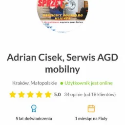 Profil firmy Adrian Cisek, Serwis AGD mobilny na platformie Fixly Pro. W tle okrągłe zdjęcie profilowe z graficzną prezentacją serwisanta naprawiającego białą pralkę i napisem 'Naprawimy każdy...