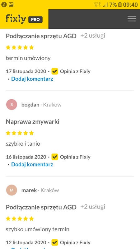 Zrzut ekranu z aplikacji Fixly Pro prezentujący opinie użytkowników na temat usług AGD, w tym naprawy zmywarek, z ocenami w postaci gwiazdek i datami wykonania usługi.