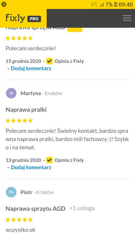 Zrzut ekranu z pozytywnymi opiniami o firmie Fixly PRO, specjalizującej się w naprawie sprzętu AGD, w tym pralek i zmywarek, z ocenami pięciogwiazdkowymi i komentarzami klientów z Krakowa.