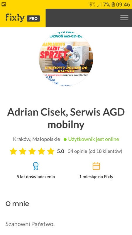 Profil firmy Adrian Cisek, Serwis AGD mobilny na platformie Fixly Pro. W tle okrągłe zdjęcie profilowe z graficzną prezentacją serwisanta naprawiającego białą pralkę i napisem 'Naprawimy każdy...