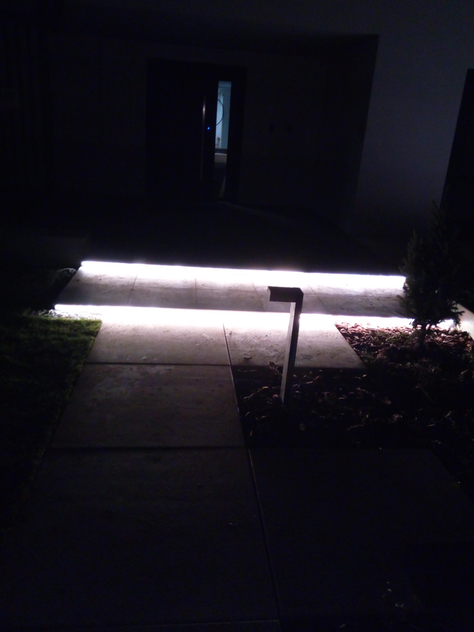 Podświetlony schodek wejściowy do domu z użyciem liniowego oświetlenia LED, widoczne płytki chodnikowe i fragment trawnika po lewej stronie, oraz rabata z iglakiem po prawej stronie, nocne ujęcie.