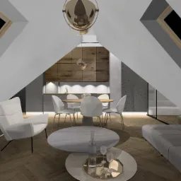 Wizualizacja poddasza z oknami dachowymi, drewnianą podłogą w jodełkę, okrągłym stołem jadalnym z białymi krzesłami, marmurowym stolikiem kawowym z butelką i kieliszkami oraz szarą sofą.