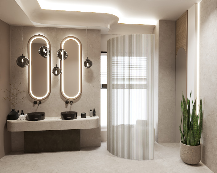 Nowoczesna łazienka z dwoma owalnymi lustrami podświetlanymi LED, czarnymi umywalkami nablatowymi i oryginalną kabiną prysznicową z pionowymi paskami.