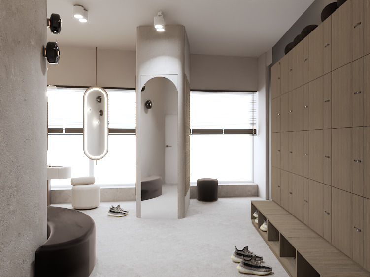Nowoczesna szatnia z rzędem drewnianych szafek, ławką, lustrem w kształcie łuku i designerskim oświetleniem. Minimalistyczny wystrój w jasnych, neutralnych barwach.