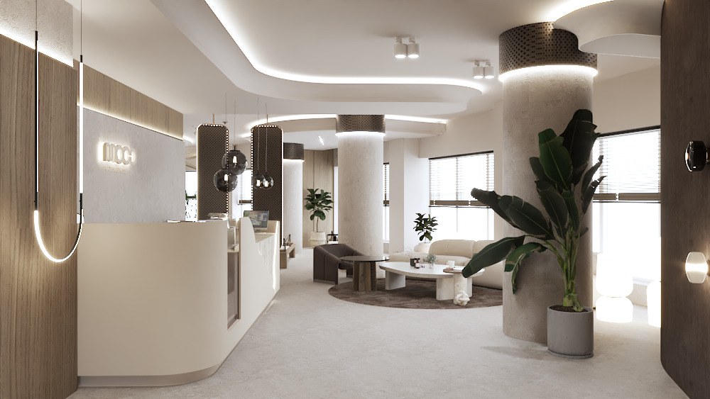 Nowoczesne wnętrze biurowe z recepcją, strefą relaksu i roślinami doniczkowymi. Jasne kolory, minimalistyczny design, oświetlenie LED. Widoczne logo firmy na ścianie.