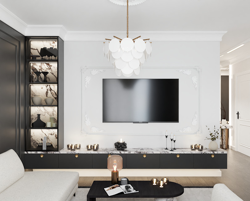 Elegancki salon z czarną szafką RTV z marmurowym blatem, telewizorem w ozdobnej ramie i designerską lampą. W tle widoczna przeszklona witryna z podświetleniem.