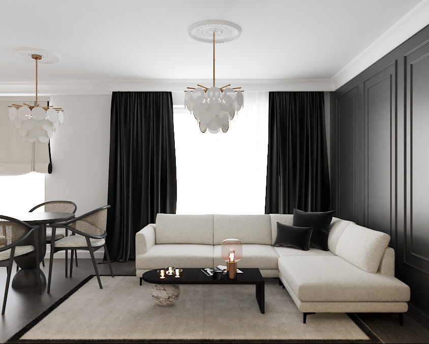 Elegancki salon z narożną sofą w odcieniach beżu, czarnymi zasłonami i designerskimi lampami wiszącymi. Marmurowy stolik kawowy dodaje luksusowego akcentu.