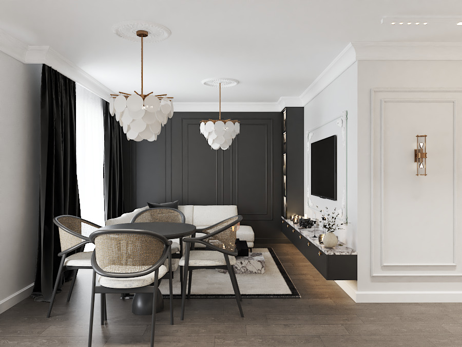 Elegancka aranżacja salonu w Myślenicach: ciemne ściany, biała sofa, okrągły stół z krzesłami i designerskie lampy wiszące. Nowoczesny wystrój wnętrza.