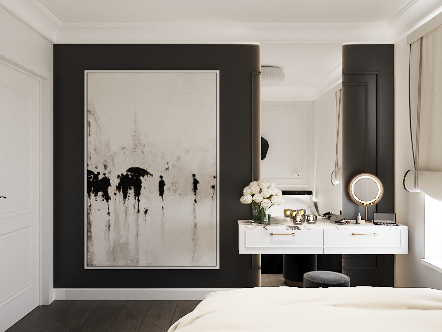 Elegancka toaletka z lustrem i kwiatami na tle ściany z abstrakcyjnym obrazem w sypialni. Minimalistyczny design, stonowana kolorystyka, subtelne oświetlenie.