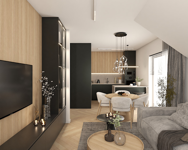 Nowoczesne wnętrze: salon z aneksem kuchennym. Jasne drewno, szarości i czarne akcenty. Okrągły stół z krzesłami, sofa i telewizor. Minimalistyczne oświetlenie.