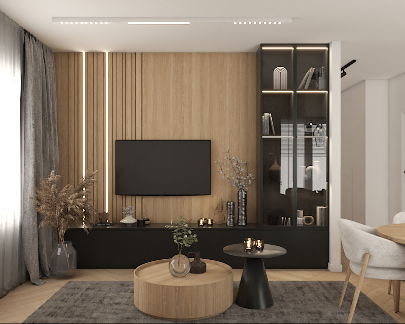 Nowoczesny salon z drewnianą ścianą, czarną szafką RTV i przeszkloną witryną. Okrągły stolik kawowy i dywan dopełniają aranżację.