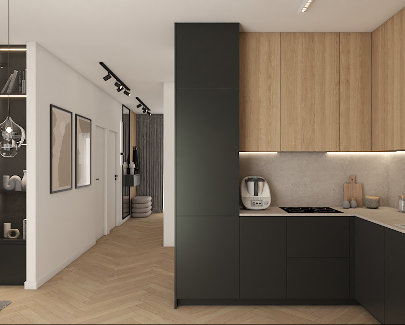 Nowoczesna kuchnia z drewnianymi szafkami górnymi i grafitowymi dolnymi, widok na przedpokój z dekoracjami ściennymi i oświetleniem punktowym.