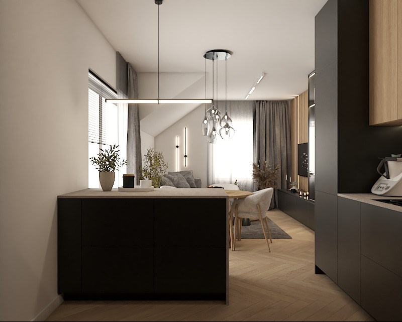 Nowoczesne wnętrze: czarna zabudowa kuchenna z drewnianymi akcentami, minimalistyczne oświetlenie, salon w tle z szarą sofą i zasłonami. Parkiet w jodełkę.