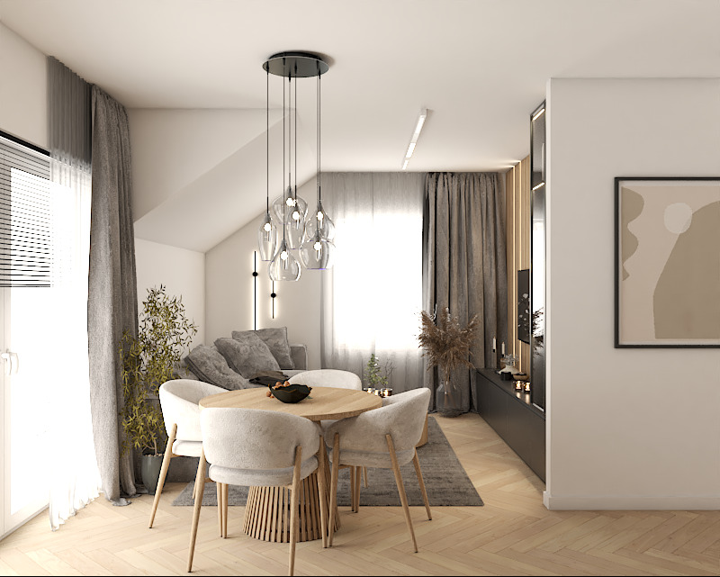 Jasne wnętrze z okrągłym stołem i krzesłami, nad którymi wisi szklana lampa. W tle sofa i dekoracje, całość utrzymana w neutralnej kolorystyce z drewnianą podłogą.