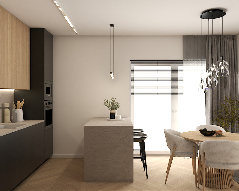 Nowoczesna kuchnia z wyspą i jadalnią w neutralnej kolorystyce. Drewniane szafki, czarne akcenty, minimalistyczne oświetlenie i parkiet w jodełkę tworzą spójną całość.