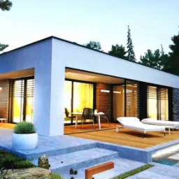 Wizualizacja nowoczesnego domu z płaskim dachem, dużymi oknami, drewnianą elewacją i kamiennymi akcentami, otoczonego zielenią i basenem z podświetleniem LED.