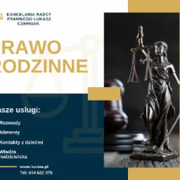 Grafika reklamowa kancelarii prawnej specjalizującej się w prawie rodzinnym, z motywem Temidy i hasłem 'Prawo Rodzinne', prezentująca zakres usług: rozwody, alimenty, kontakty z dziećmi, władza...