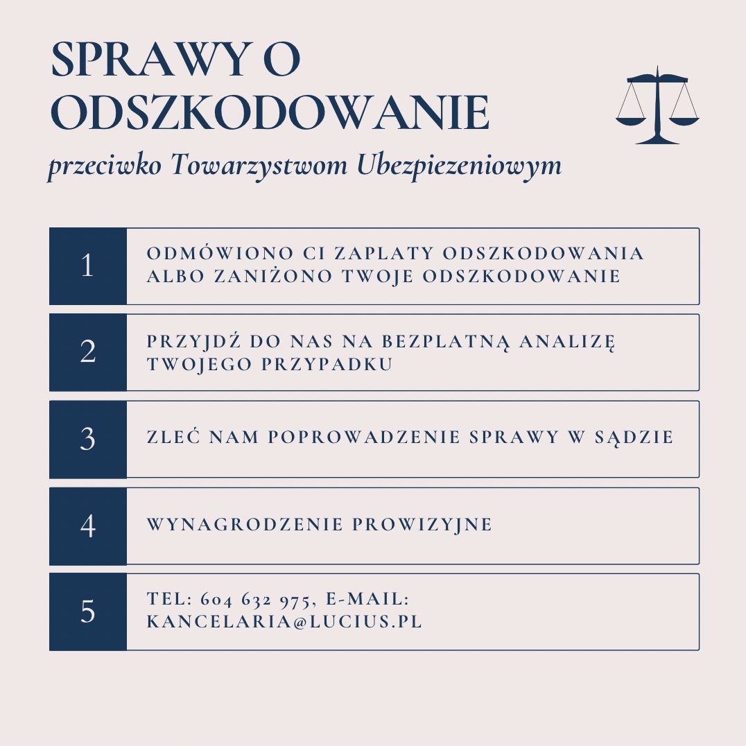 Grafika informacyjna kancelarii prawnej specjalizującej się w sprawach o odszkodowanie przeciwko towarzystwom ubezpieczeniowym, z ofertą bezpłatnej analizy przypadku i wynagrodzeniem prowizyjnym...