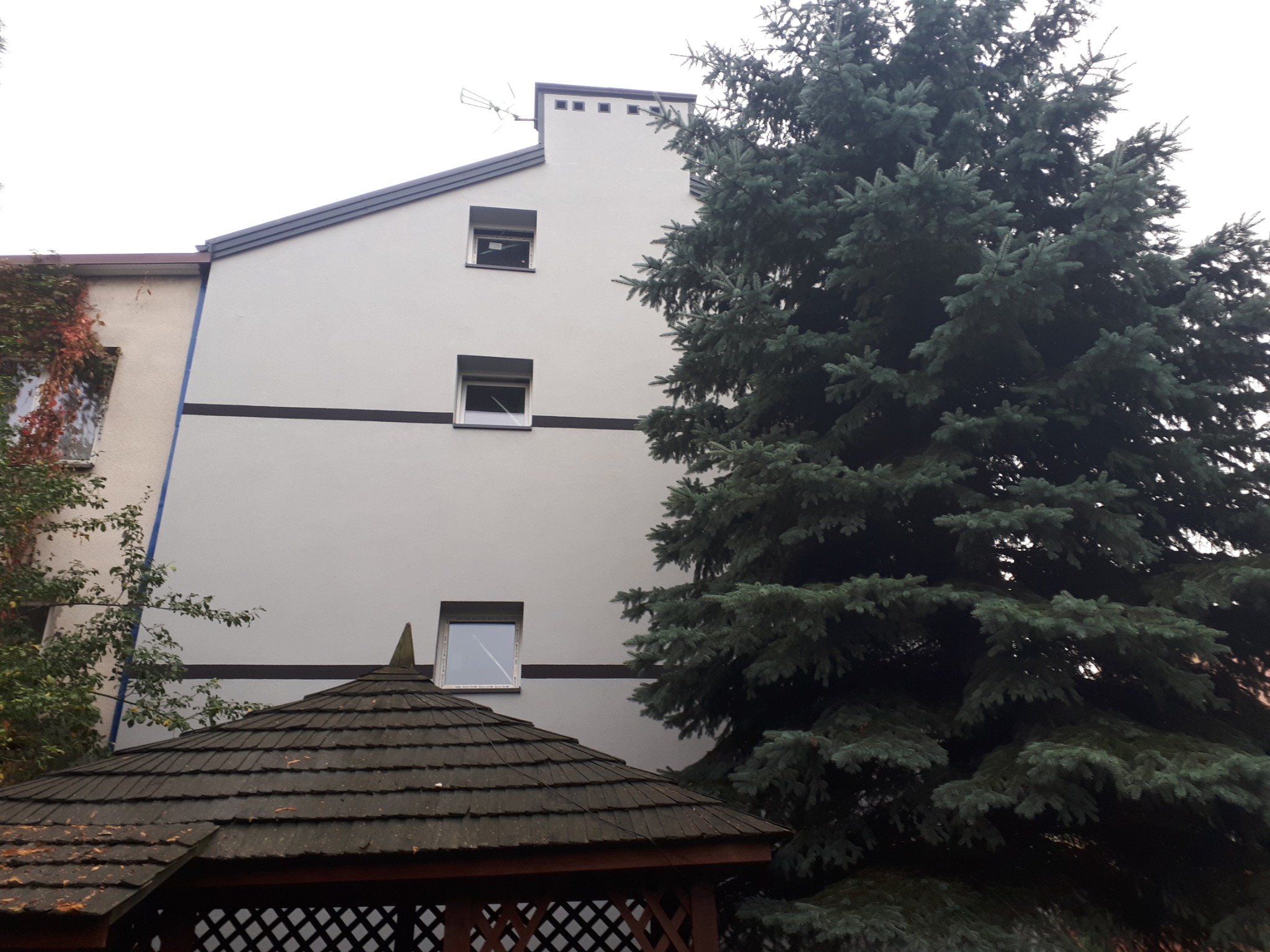 Odnowiona elewacja budynku w Siedlcach, widoczna zza drewnianej altany i świerku, z poziomymi ciemnymi pasami dekoracyjnymi.