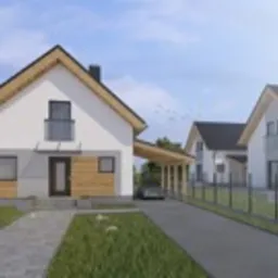 Wizualizacja 3D dwóch nowoczesnych domów jednorodzinnych z białymi elewacjami, drewnianymi akcentami i szarymi dachami, połączonych wjazdem z wiatą samochodową, na tle błękitnego nieba z chmurami.