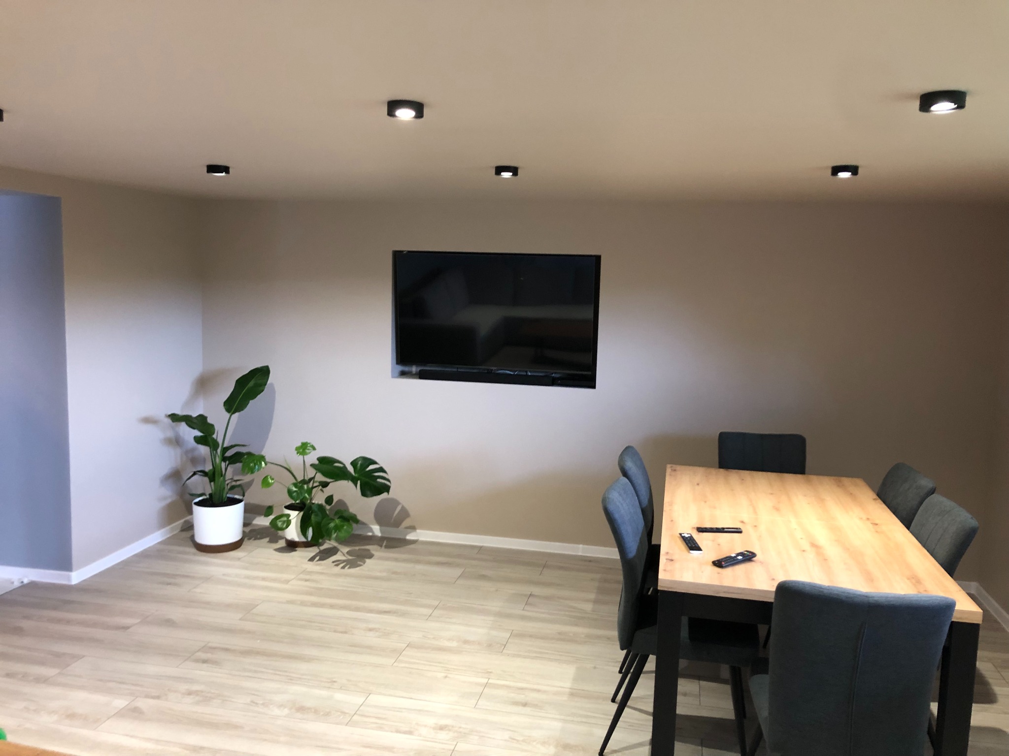 Jasne wnętrze jadalni z drewnianym stołem i szarymi krzesłami, telewizor na ścianie, rośliny doniczkowe w rogu, parkiet imitujący drewno, oświetlenie punktowe na suficie.