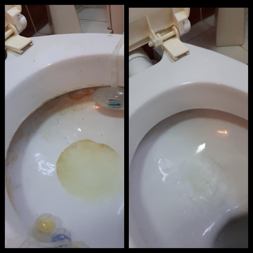 Porównanie: Toaleta przed i po czyszczeniu, widoczne osady i świeżość po zabiegu.
