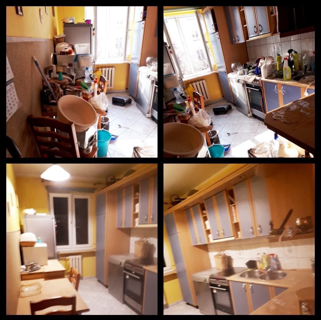 Zdjęcie przedstawia kuchnię przed i po uporządkowaniu, widoczne różnice w czystości i organizacji przestrzeni, z wyraźnym kontrastem między zagraconym stanem początkowym a uporządkowanym efektem...