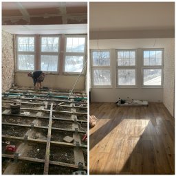 GOLDEN HANDS - Remonty i wykończenia Grzegorz Bielatowicz - Zdjęcie 'przed i po' przedstawia remont pokoju: od surowej podłogi z instalacjami po ułożony parkiet i odnowione ściany. Widoczne okna i narzędzia.