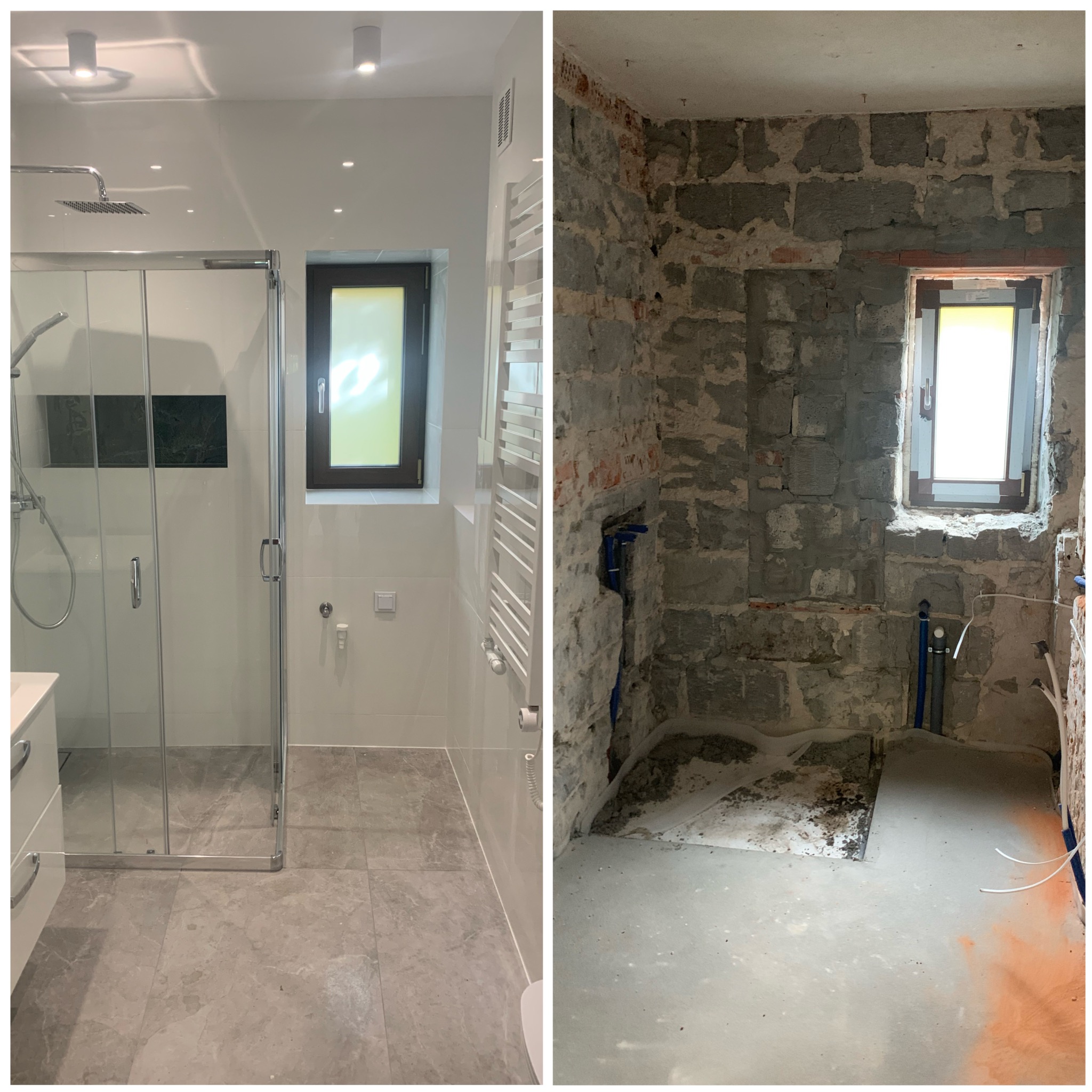 Zdjęcie 'przed i po' prezentujące metamorfozę łazienki: od surowych murów z instalacjami do nowoczesnego wnętrza z kabiną prysznicową i jasnymi płytkami.