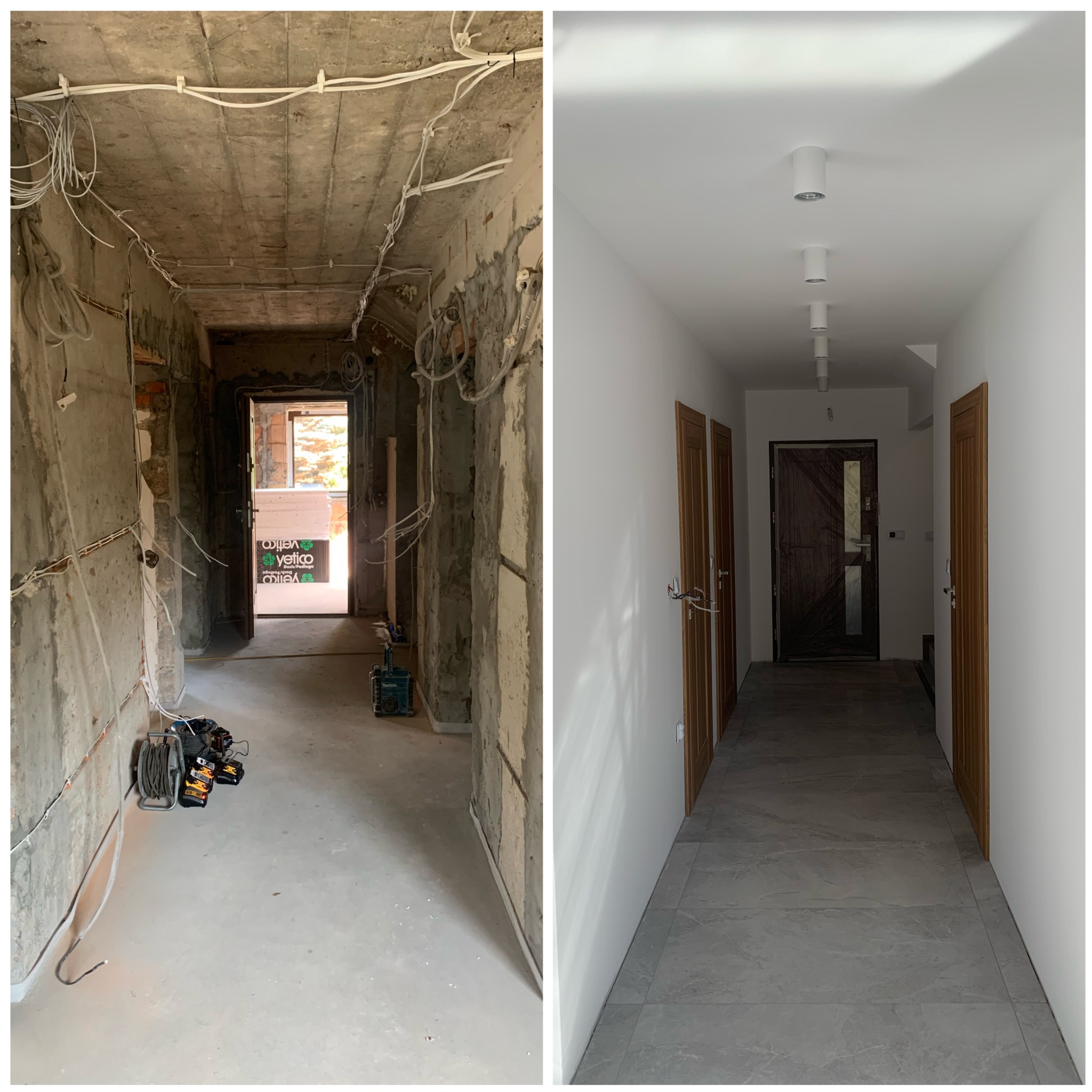 Korytarz w trakcie i po remoncie: surowy beton z instalacją elektryczną kontra wykończone wnętrze z szarą podłogą, białymi ścianami i oświetleniem punktowym.