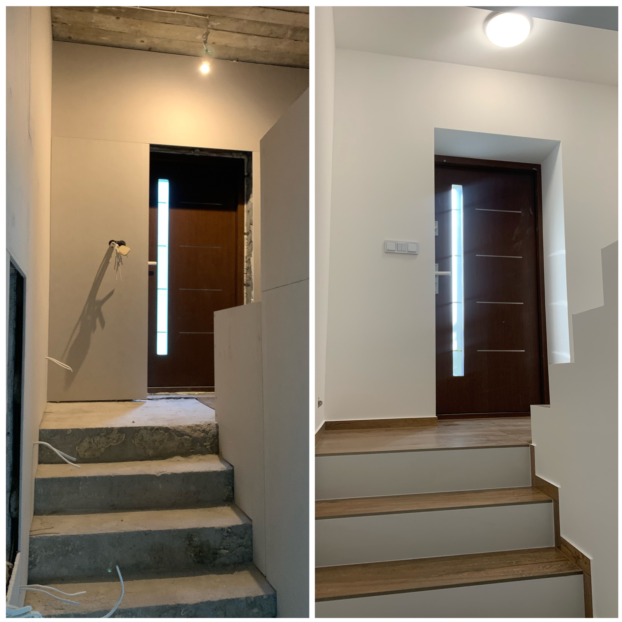 Zdjęcie 'przed i po' przedstawia remont klatki schodowej z drewnianymi schodami i nowymi, białymi ścianami. Po lewej surowy beton i wystające kable, po prawej wykończone wnętrze.