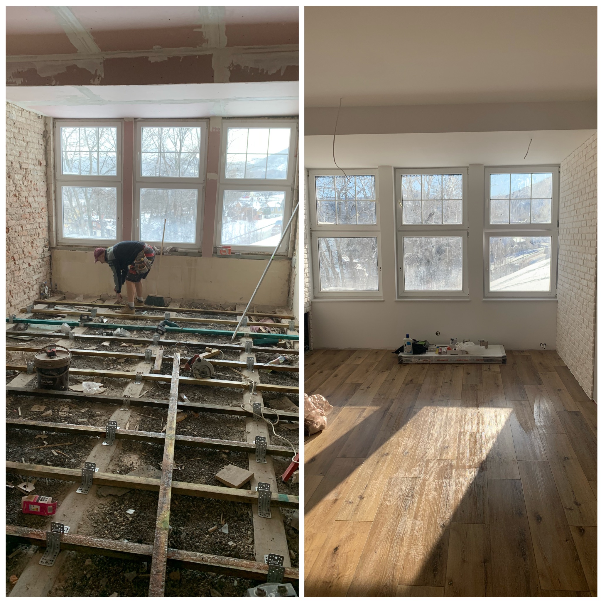 Zdjęcie 'przed i po' przedstawia remont pokoju: od surowej podłogi z instalacjami po ułożony parkiet i odnowione ściany. Widoczne okna i narzędzia.