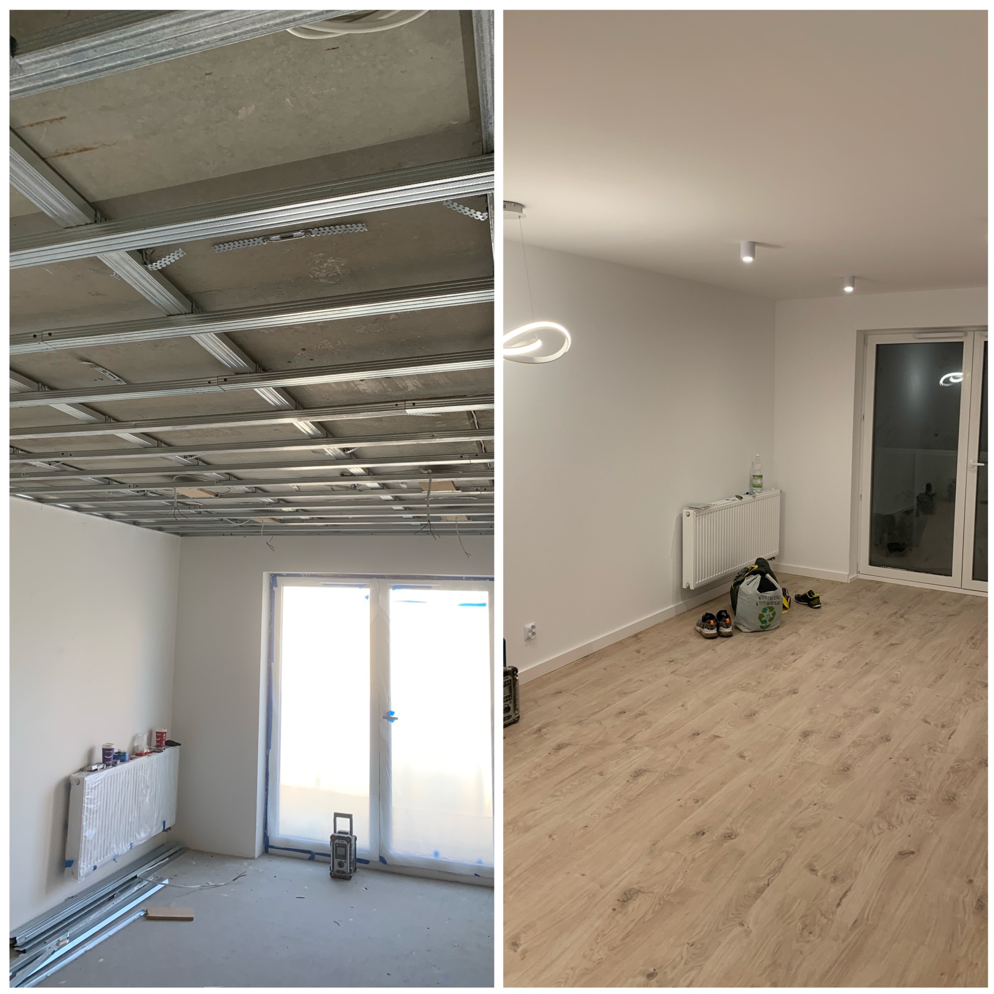 Zdjęcie 'przed i po' przedstawia montaż sufitu podwieszanego: po lewej metalowa konstrukcja, po prawej gotowy sufit z oświetleniem. Widoczne okno i grzejnik.